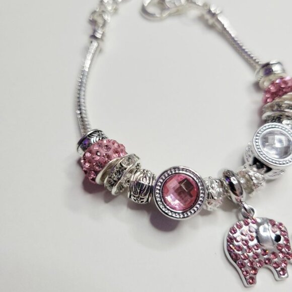 NWT Pandora Style Charm Bracelet Sparkling Pink Elephant Glittering Rhinestones - Picture 6 of 7